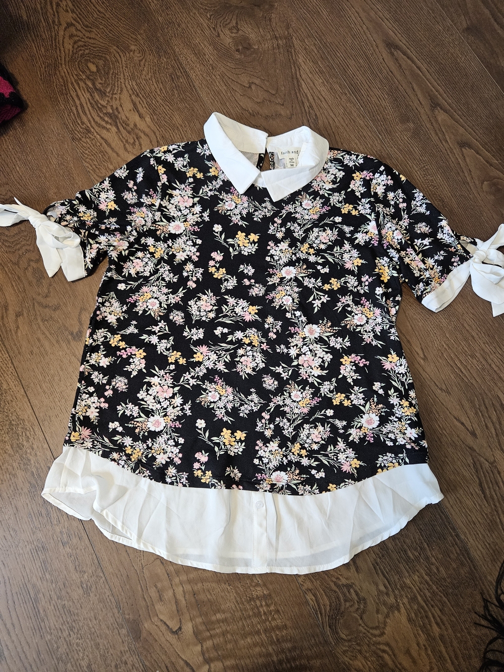 Faith and Joy Black Floral Blouse with White Collar